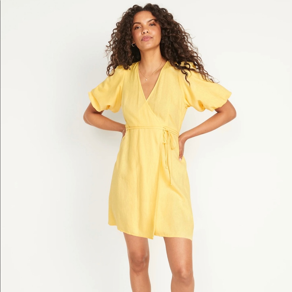 Puff-Sleeve Waist-Defined Mini Wrap Dress